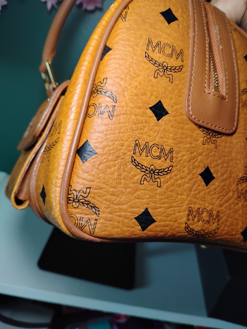MCM Cognac Monogram Visetos Dome Satchel with Gold Hardware - Picture 9 of 10